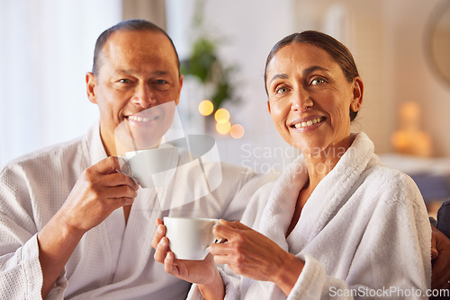 Image of Spa, tea and portrait of couple relax together at Tokyo Japan resort for marriage anniversary vacation, holiday or wellness retreat. Beauty spa, love and coffee drink for Asian man and woman