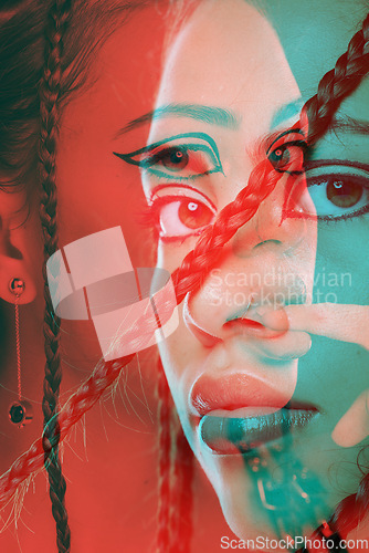 Image of Double exposure, retro and face portrait of a woman with creative makeup, red color and edgy texture on a studio background. Vintage, cosmetics and zoom of a model with graphic design overlay