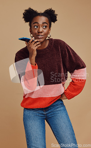 Image of Black woman with phone call, smartphone on speaker with communication and gen z youth, technology and 5g network marketing. Internet, talking on mobile with young girl against studio background