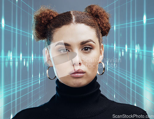 Image of Portrait, futuristic and woman with holographic, ai and innovation for digital connection, technology or intelligence. Robotics, female or girl with science, scifi metaverse or cyberspace development