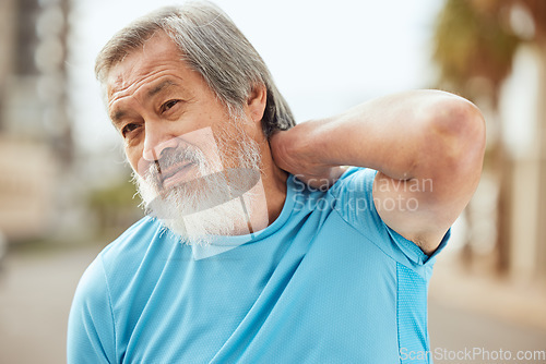 Image of Senior man, face and fitness back pain fitness outdoor for exercise workout injury, training accident or retirement healthcare. Elderly asian athlete, runner stress and sports energy in city street