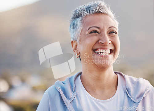 Image of Face, elderly woman and smile with fitness outdoor, happy with cardio exercise, runner and happy in retirement. Health, wellness and active lifestyle with mature female, running mockup and workout