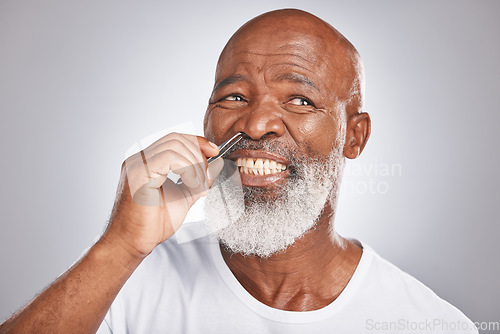 Image of Black man, nose hair and tweezer pain for self care, hair removal and epilation for beauty and grooming. Headshot of Senior male with beard on grey background for body care, hygiene and clean skin