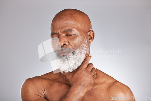 Image of Senior black man, massage pain in spa on gray background or physical therapy care for healthy body. Elderly african person holding muscle, stress of burnout and medical wellness in retirement support