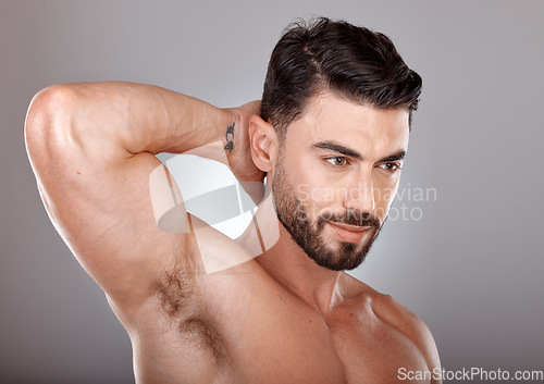 Image of Armpit, man and skincare wellness for beauty, personal hygiene or natural cosmetics on studio background. Body care, strong muscle and male model with confidence, healthy self care or clean aesthetic