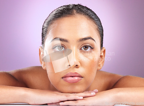 Image of Face, woman and beauty skincare and portrait, microblading with makeup and natural cosmetics against purple background. Eyes, vision and healthy skin glow, shine and cosmetic care, lashes and lips