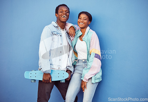 Image of Skateboard, black couple and happiness portrait together for youth, gen z and summer motivation outdoor. African man, black woman and young love, freedom and happy skater lifestyle in city background