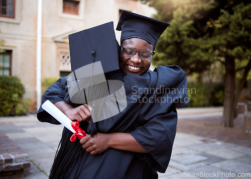 Image of Black people, hug and celebration in graduation ceremony, university degree success or school diploma goals. Smile, happy friends and graduate students in embrace on college campus or education event