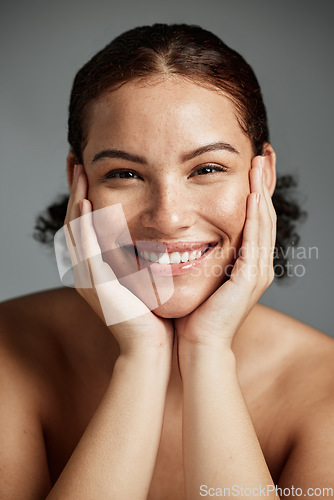 Image of Portrait, beauty and skincare with a model black woman in studio on a gray background for face treatment. Facial, wellness and natural with an attractive young female posing to promote a skin product