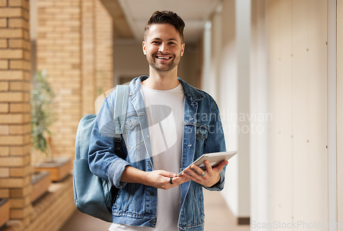 Image of University portrait and man student with tablet for academic learning, research and studying online. Education, knowledge and Gen Z college learner at campus on break in California, USA.