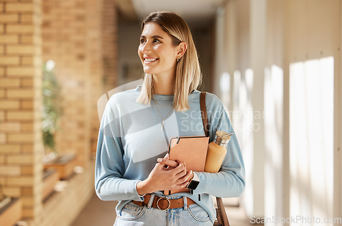 Image of Thinking, smile and woman at college for education, learning and studying for future on campus. University, happy and student with an idea for higher education at an academy on a study scholarship