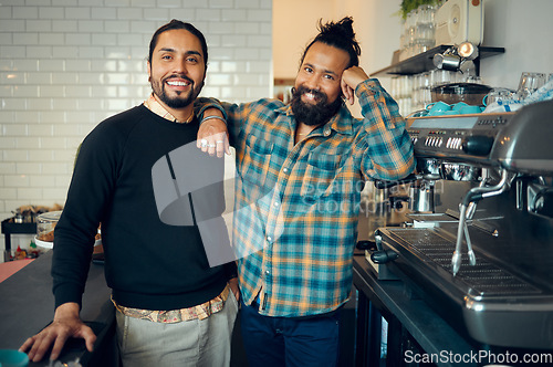 Image of Coffee shop, business owner portrait and startup small business success of working leader team. Cafe, smile and proud entrepreneur partnership of store manager and employee from Spain at job