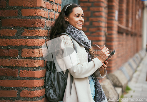 Image of Tablet, digital writing and travel blog woman journalist working on city street for urban story. Social media, happy and young traveling reporter outdoor from Spain happy about creative job vision