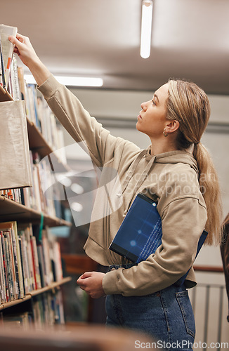 Image of University, book search or student in library at college or school campus bookshelf for learning or studying. Research, scholarship or gen z girl focused on knowledge growth, goals or development