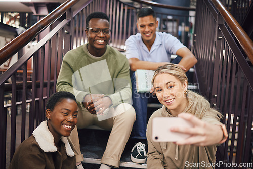 Image of College student group, selfie and stairs with smile together, studying and research for exam, test or education. Happy students, diversity and smartphone for success, goals and friends at university