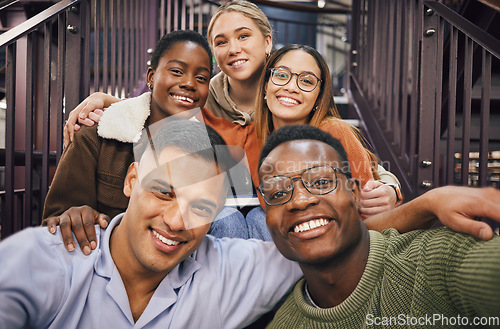 Image of University student group, selfie and stairs with smile together, friends and happy for goals, success or education. Students, diversity and portrait for learning, motivation and happiness at college