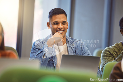 Image of Happy, education and man with a laptop in class, learning scholarship and studying at university. Knowledge, smile and student with a computer at college for research, connection and project