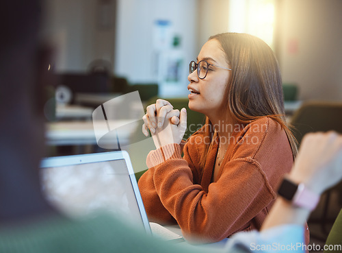 Image of Woman, student and speaking in class, analysis and answer question for research, smart and conversation. Female, girl and academic for innovation, research and talking on campus, expert or discussion