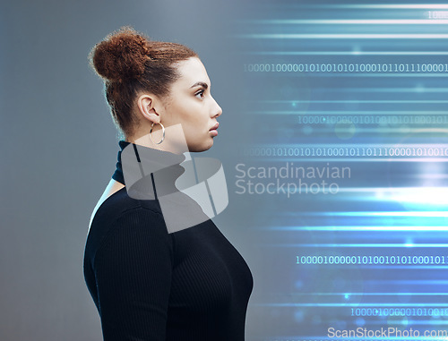 Image of Woman, binary and cyberspace with a vision for future data, information or innovation in double exposure. Female cyberpunk in futuristic metaverse, holographic or cyber security and digital AI mockup