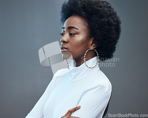 Image of Stress, thinking and black woman with mental health, anxiety and focus on studio background. African American female, girl with fear and depression for financial crisis, idea and problems on backdrop