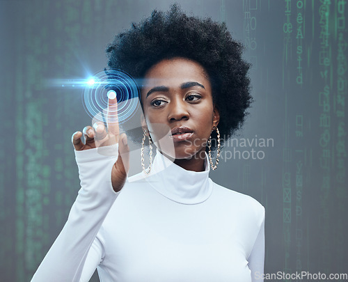 Image of Futuristic, hologram and black woman with technology in a studio for digital tech innovation. Future, modern and young African girl model with 3d graphic metaverse overlay isolated by gray background