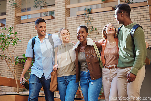 Image of Men, walking women or bonding on college campus, school or university to education, learning or study class. Smile, happy friends or laughing students in diversity group commute or community support