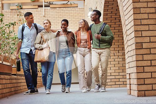 Image of Walking men, women and people on university, school or college campus to education, diversity learning and study class. Smile, happy and talking students in community support, group trust and bonding