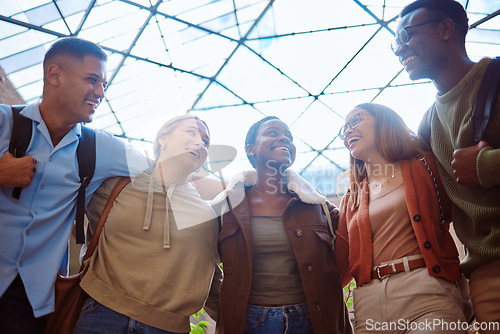 Image of Student friends, diversity and happy together for motivation, support and education at university. Students, group and laugh with learning, teamwork or studying for scholarship at college for future