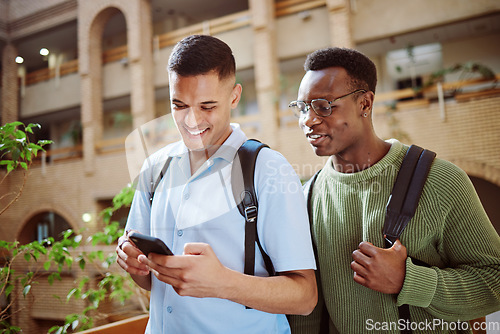 Image of University, friends and students with phone at campus for knowledge research. Education, cellphone technology and happy people or men with 5g mobile smartphone for learning, texting or social media.