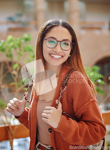 Image of Smile, woman student and college with education portrait, happy with university and scholarship with learning and study. College student, freedom and academic growth, glasses and geek outdoor