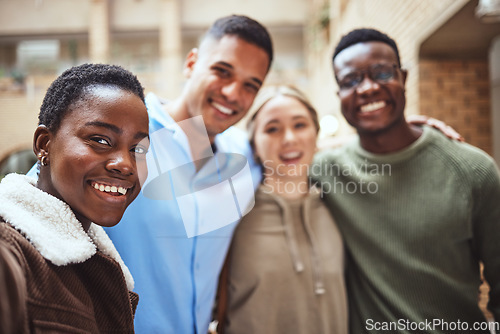 Image of Women, men or selfie pov on college campus, university or school for social media, profile picture or group selfie. Portrait, smile or happy students in photography picture in diversity community fun