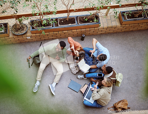 Image of University phone selfie, peace sign and students working on research, college project or group education study. Knowledge learning, emoji gesture and top view of diversity friends on school floor