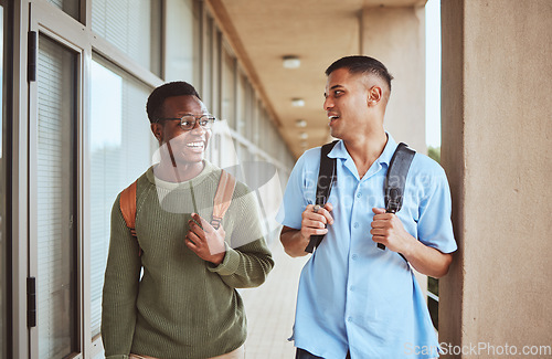 Image of Talking, students and men, friends and education with university, chat and laughing together, wow on campus and study. Surprise, discussion and friendship communication, learning and happy outdoor