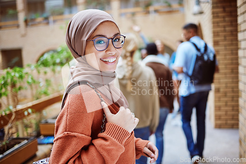 Image of Portrait, muslim or happy woman on university, school or college campus and education, learning or studying goals. Smile, face or Islamic student with hijab scarf, international scholarship or vision