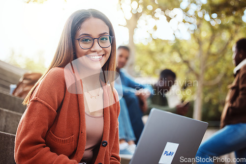 Image of Student with laptop, woman with smile in portrait, university and education, scholarship and outdoor with learning and study. College student, online and writing paper, happy with glasses and geek