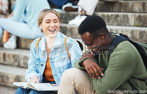 Image of Laughing students, book or studying on stairs on university, school or college campus for test, exam or project. Smile, happy or bonding friends and education learning goals, support or research help