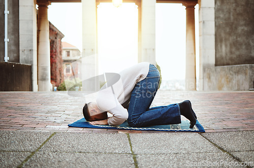 Image of Muslim student man, prayer and college in morning for faith, success or support from God for studying. Islamic praying, worship and start at university, campus or religion for motivation in education