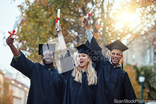 Image of University graduation, certificate and portrait of friends excited for learning goals, achievement or future. Young graduate group of students, diploma and celebration of success in college education