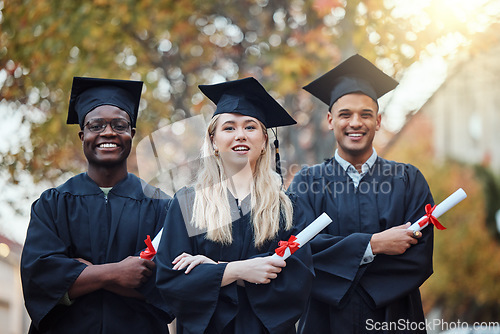 Image of Education, arms crossed and portrait of friends at a graduation for future success, school certificate and college motivation in Canada. Graduate, happy and students with a diploma from university