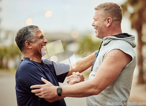 Image of Fitness, handshake and senior people with outdoor workout support, accountability and thank you for training, exercise or running goals. Wellness, community and personal trainer man with sports trust