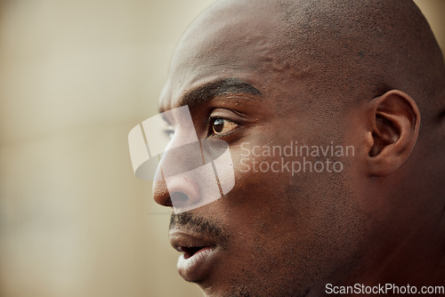 Image of Face, fitness or black man ready to start running exercise, cardio workout or sports exercise outdoors. Motivation, runner or healthy African athlete thinking of mission target, vision focus or goals