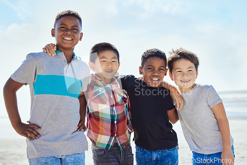 Image of Beach portrait, diversity and children hug on Miami Florida travel vacation for calm, freedom or outdoor peace. Blue sky, ocean sea and happy youth kids or young friends on summer USA holiday for fun