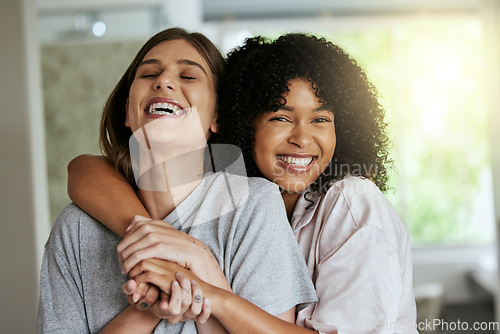 Image of Women, laughing friends or bonding hug in house, home or hotel on girls vacation, holiday or luxury skincare spa. Portrait, smile or happy girls in embrace for hospitality relax wellness or self love