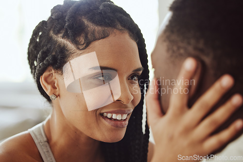 Image of Black couple, face and smile in morning, bedroom and love with bonding, care and romance in home. Happy couple, eye contact and together for happiness, holiday or vacation in hotel, room or house