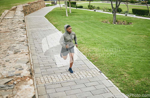 Image of Fitness, running and black man runner outdoor in park for body workout and exercise, cardio and energy. Marathon training, run and sport motivation with wellness, healthy and active in Washington DC