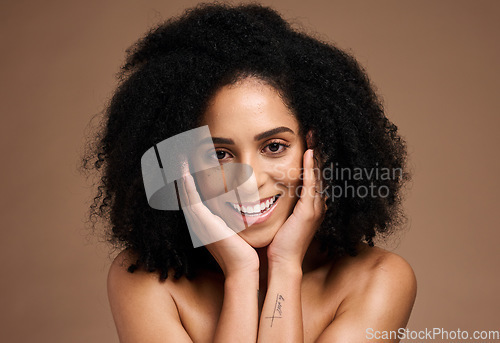 Image of Beauty, skincare and product with portrait of black woman for facial, self care and luxury cosmetics. Spa, hair care and makeup with face of girl model for treatment, natural and wellness in studio