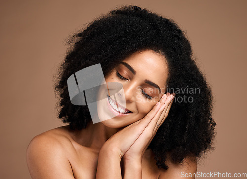 Image of Beauty, skincare and smile with face of black woman for skincare, glow and cosmetics. Facial, spa and relax with girl model for product, makeup and wellness dermatology in brown background studio