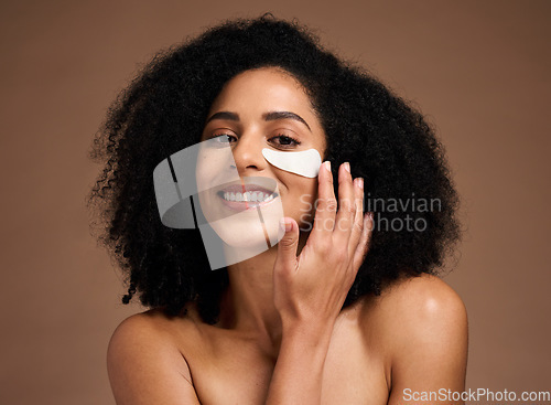 Image of Beauty, skincare and eye mask with face of black woman for facial, product and spa treatment. Collagen, self care and luxury with girl model and eye patches for wellness, cosmetics and dermatology