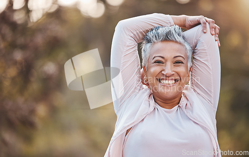 Image of Fitness, portrait or happy old woman stretching in nature to start training, body exercise or hiking workout in Portugal. Freedom, face or healthy senior person smiles with pride, goals or motivation