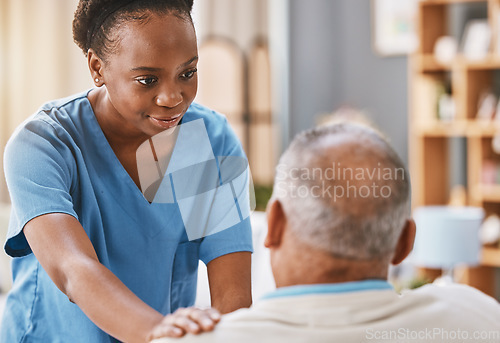 Image of Help, support and medical with nurse and old man for retirement, rehabilitation or healing. Empathy, physical therapy and healthcare with patient and black woman in nursing home for caregiver service
